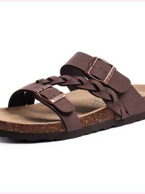 Women's Cork Footbed Slide Sandals with Arch Support and Adjustable Buckle
